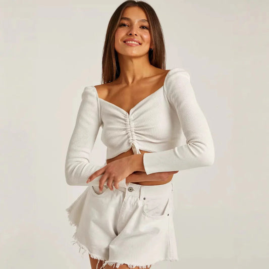 Sophie | Women Crop Top Long Sleeve Ruched Front Drawstring Tie Square Neck Ribbed Texture