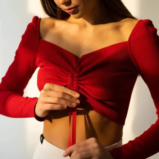 Sophie | Women Crop Top Long Sleeve Ruched Front Drawstring Tie Square Neck Ribbed Texture